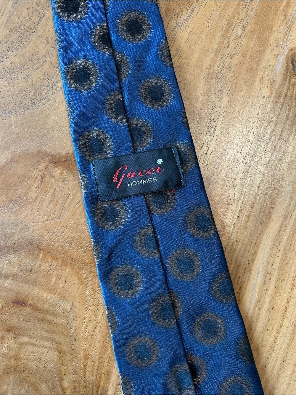 Gucci Blue Silk Tie with Brown Circular Motif